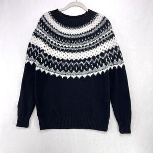 Talbots Sweater Women M Black White Fair Isle Wool Blend Nordic Boho Cozy Warm